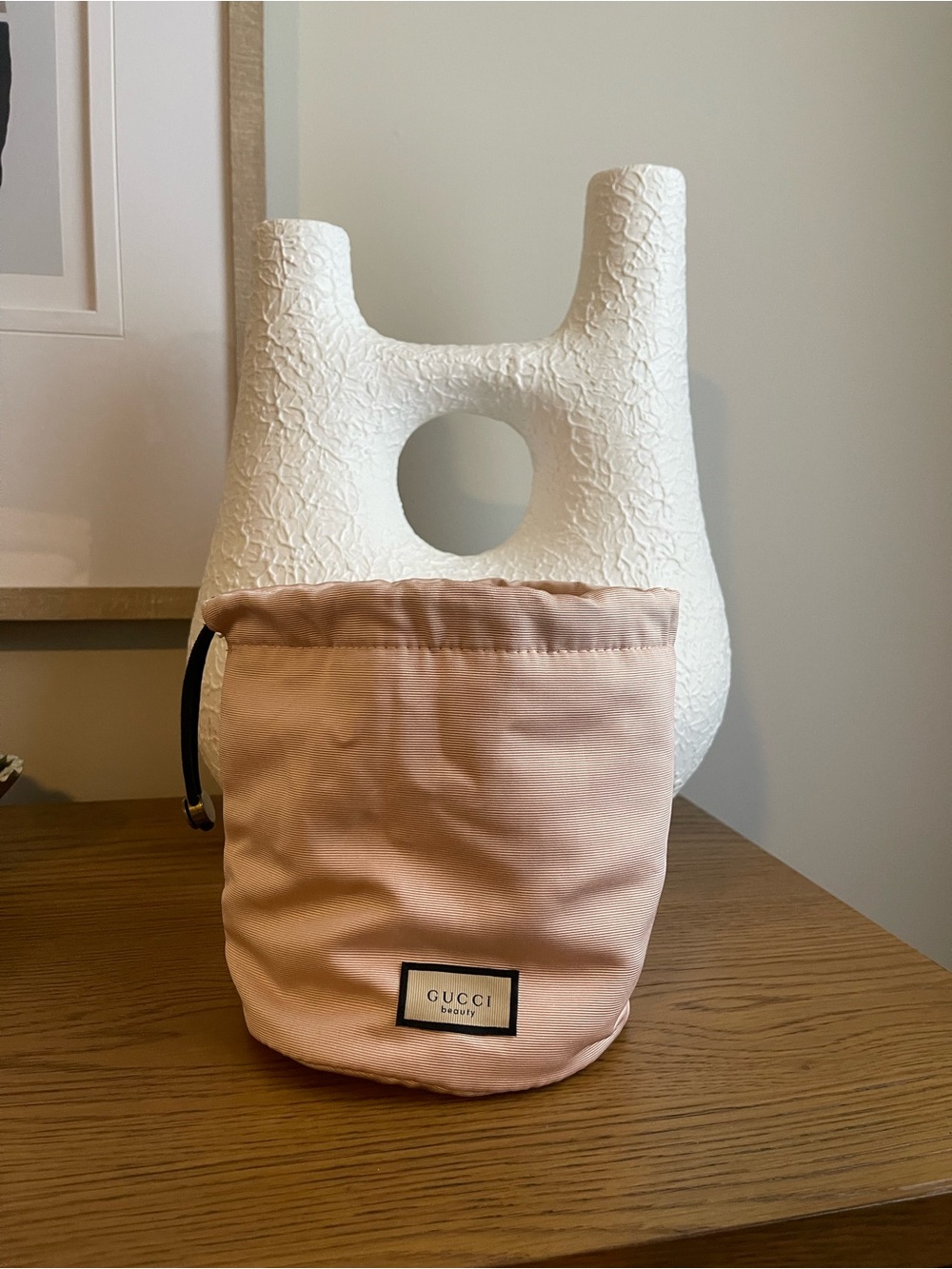 Authentic Gucci Blush Pink Drawstring Pouch with Navy Accent